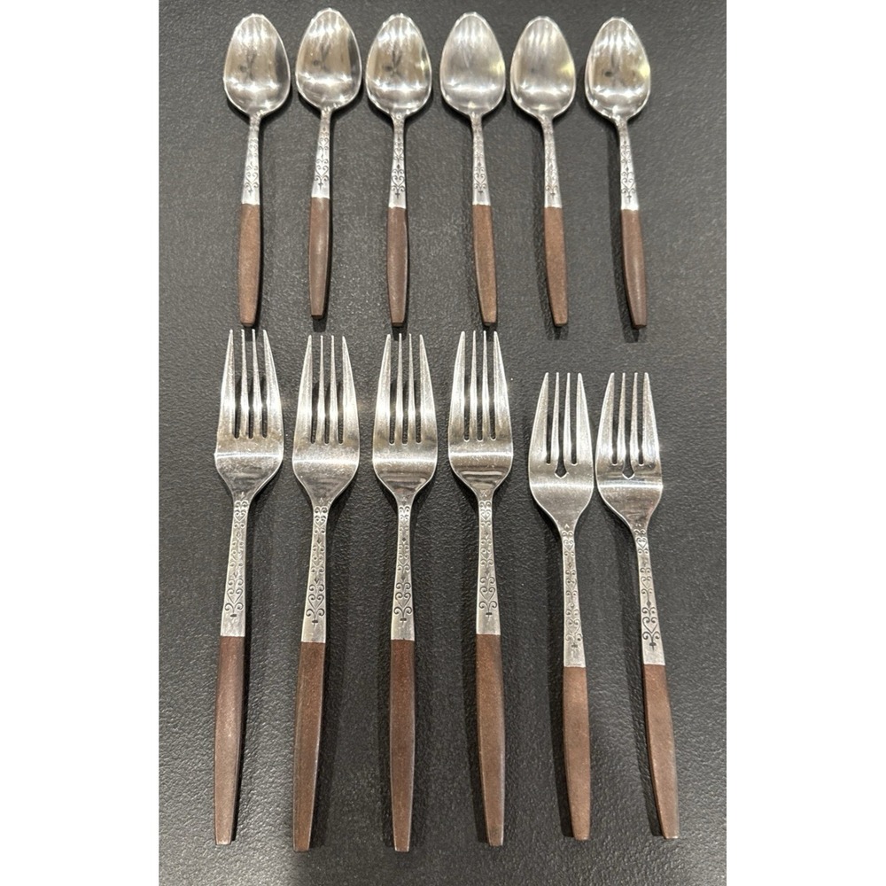 Vtg Flatware Japan Mid Century Interpur INR2 Woodwind Forks Dinner Salad Spoons